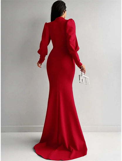 Mermaid Evening Gown Elegant Dress Formal Red Green Dress Sweep / Brush Train Long Sleeve High Neck Satin with Ruched
