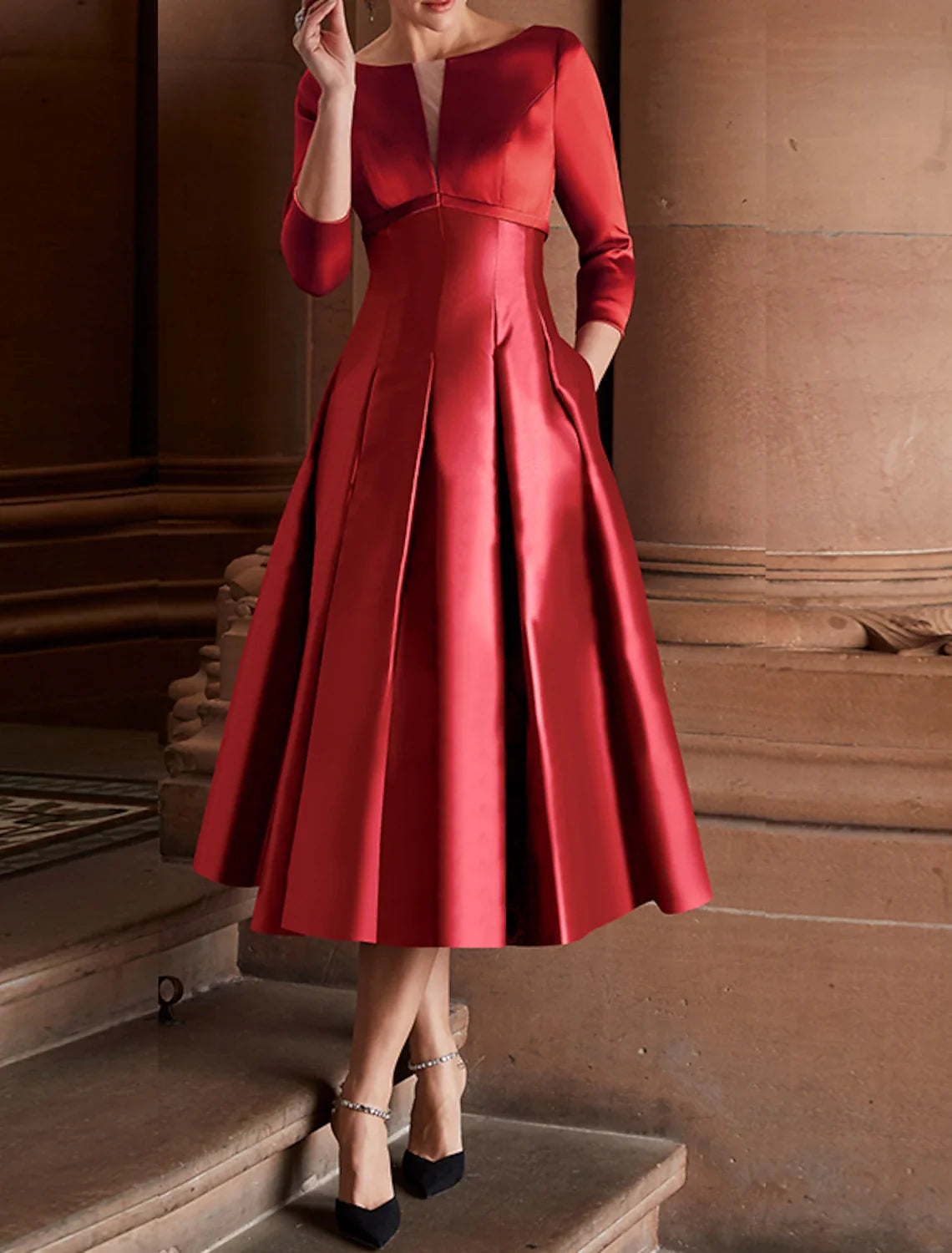 A-Line Cocktail Dresses Minimalist Dress Christmas Red Green Dress Wedding Guest Tea Length 3/4 Length Sleeve Jewel Neck Fall Wedding Guest Satin with Pleats 2026
