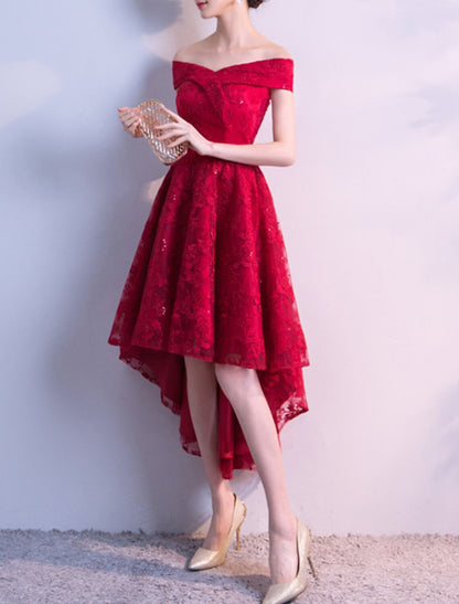 A-Line Cocktail Dresses Elegant Dress Party Wear Cocktail Party Asymmetrical Short Sleeve Off Shoulder Tulle with Pleats Embroidery