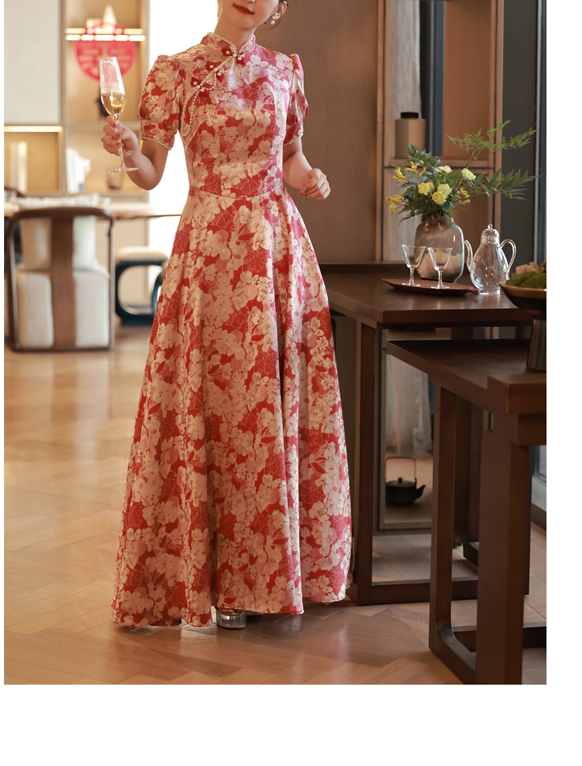 A-Line Evening Gown Chinese Style Dress Engagement Floor Length Half Sleeve Stand Collar Satin with Pearls Strappy