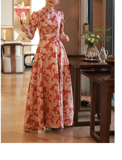 A-Line Evening Gown Chinese Style Dress Engagement Floor Length Half Sleeve Stand Collar Satin with Pearls Strappy