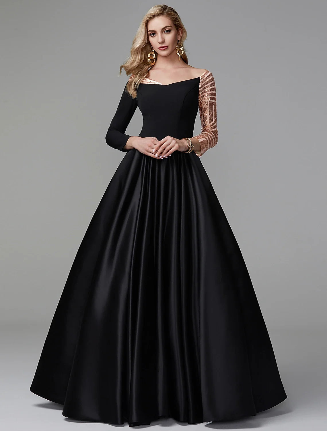 Ball Gown Black Dress Vintage Quinceanera Formal Evening Floor Length Long Sleeve Off Shoulder Satin with Sequin 2026