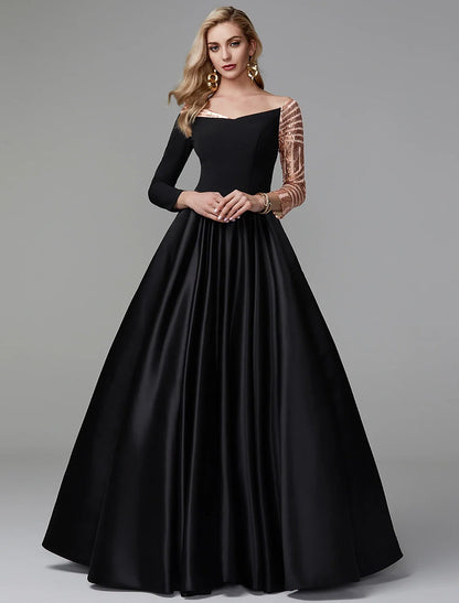 Ball Gown Black Dress Vintage Quinceanera Formal Evening Floor Length Long Sleeve Off Shoulder Satin with Sequin 2026