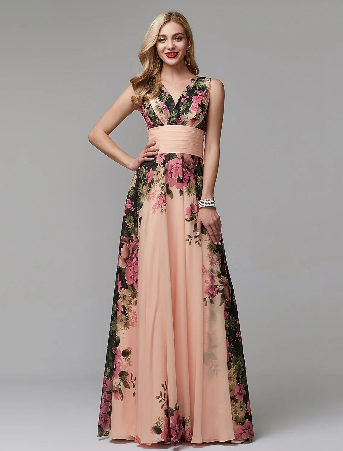 A-Line Party Dress Floral Dress Holiday Wedding Guest Floor Length Sleeveless V Neck Bridesmaid Dress Chiffon with Pattern / Print 2026