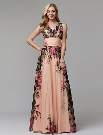 A-Line Party Dress Floral Dress Holiday Wedding Guest Floor Length Sleeveless V Neck Bridesmaid Dress Chiffon with Pattern / Print 2026