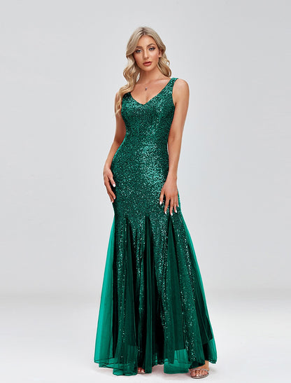 Mermaid / Trumpet Evening Gown Sparkle Dress Wedding Guest Formal Evening Floor Length Sleeveless V Neck Tulle V Back with Sequin Splicing