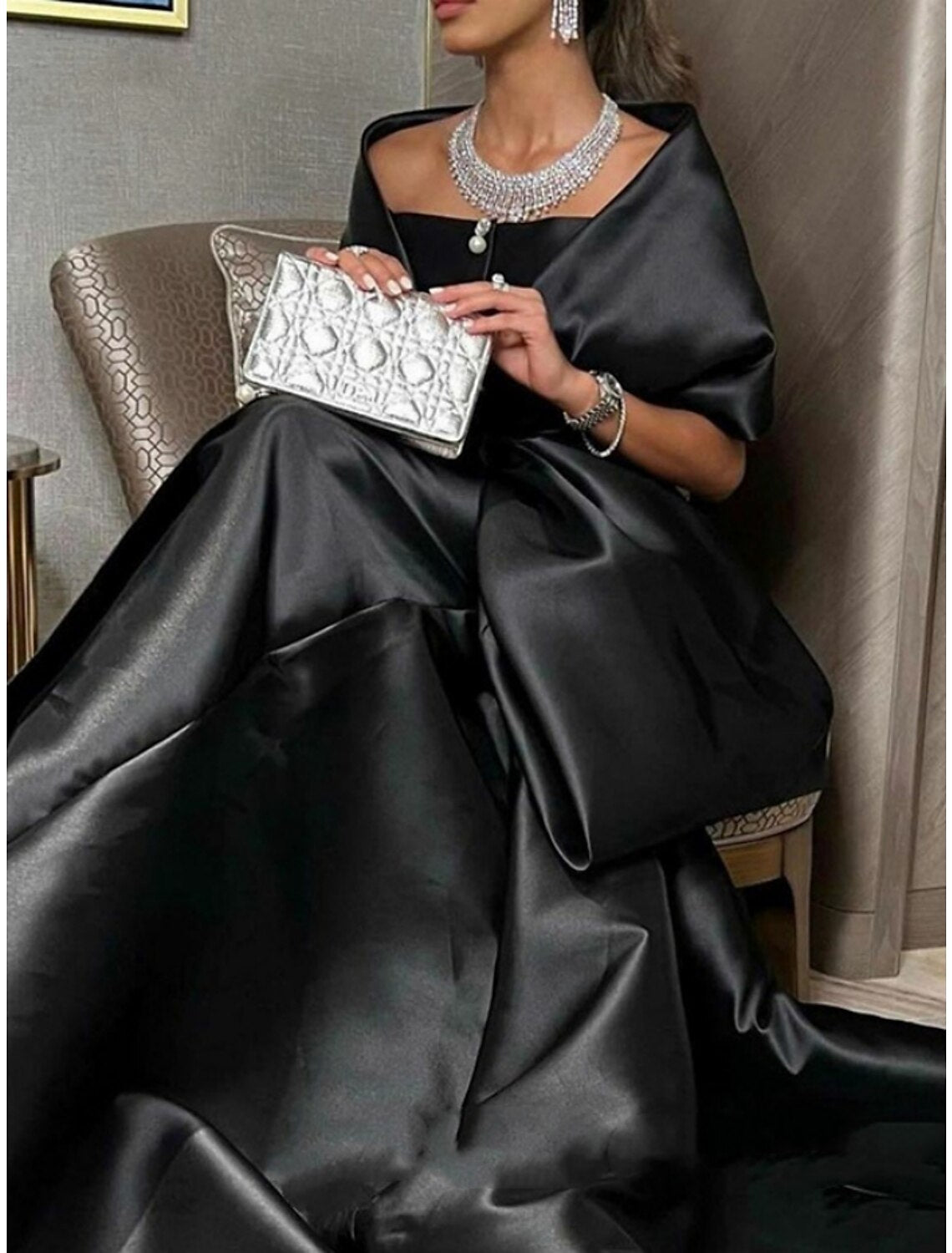 Mermaid / Trumpet Evening Gown Elegant Dress Formal Court Train Half Sleeve Off Shoulder Satin with Bow(s) Slit