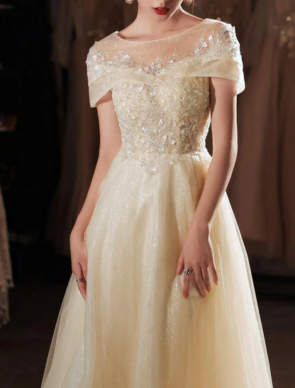A-Line Beautiful Back Elegant Prom Formal Evening Dress Jewel Neck Short Sleeve Floor Length Lace with Beading Appliques 2025