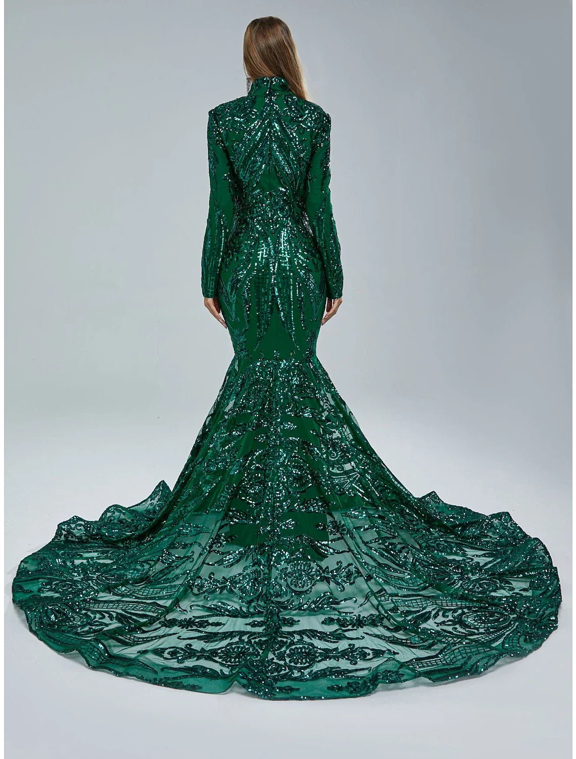 Mermaid Party Dress Evening Gown Sparkle & Shine Dress Carnival Christmas Red Green Dress Court Train Long Sleeve Stand Collar Lace with Sequin