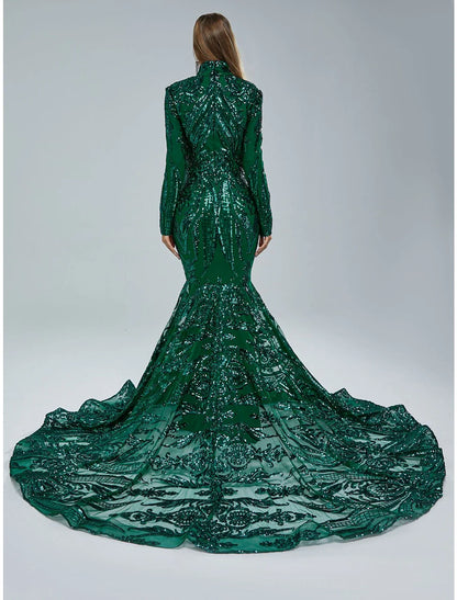 Mermaid Party Dress Evening Gown Sparkle & Shine Dress Carnival Christmas Red Green Dress Court Train Long Sleeve Stand Collar Lace with Sequin