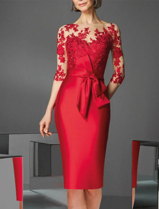 Sheath Christmas Red Green Dress Cocktail Dresses Luxurious Dress Formal Knee Length 3/4 Length Sleeve Off Shoulder Fall Wedding Guest Satin with Pleats Appliques 2026