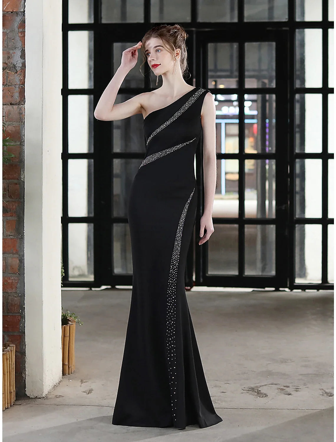 Mermaid / Trumpet Evening Gown Sexy Dress Wedding Guest Formal Evening Floor Length Sleeveless One Shoulder Satin with Crystals