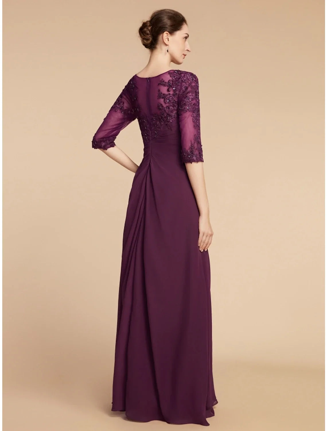 Sheath / Column Mother of the Bride Dress Wedding Guest Elegant Scoop Neck Floor Length Chiffon Lace Half Sleeve with Pleats Sequin