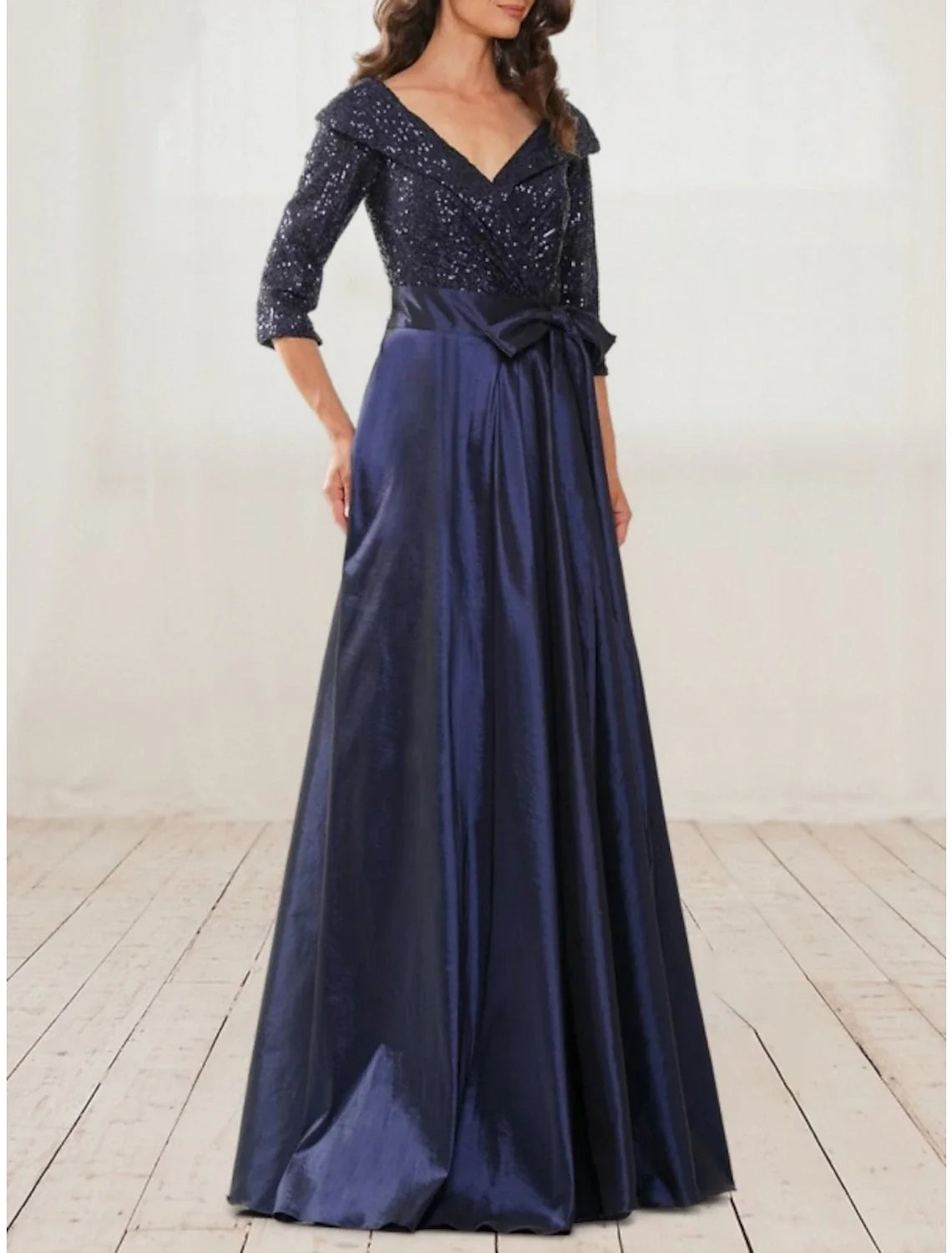 A-Line Evening Gown Elegant Dress Formal Black Dress Plus Size Floor Length Half Sleeve V Neck Satin with Bow(s) Pleats Sequin 2026