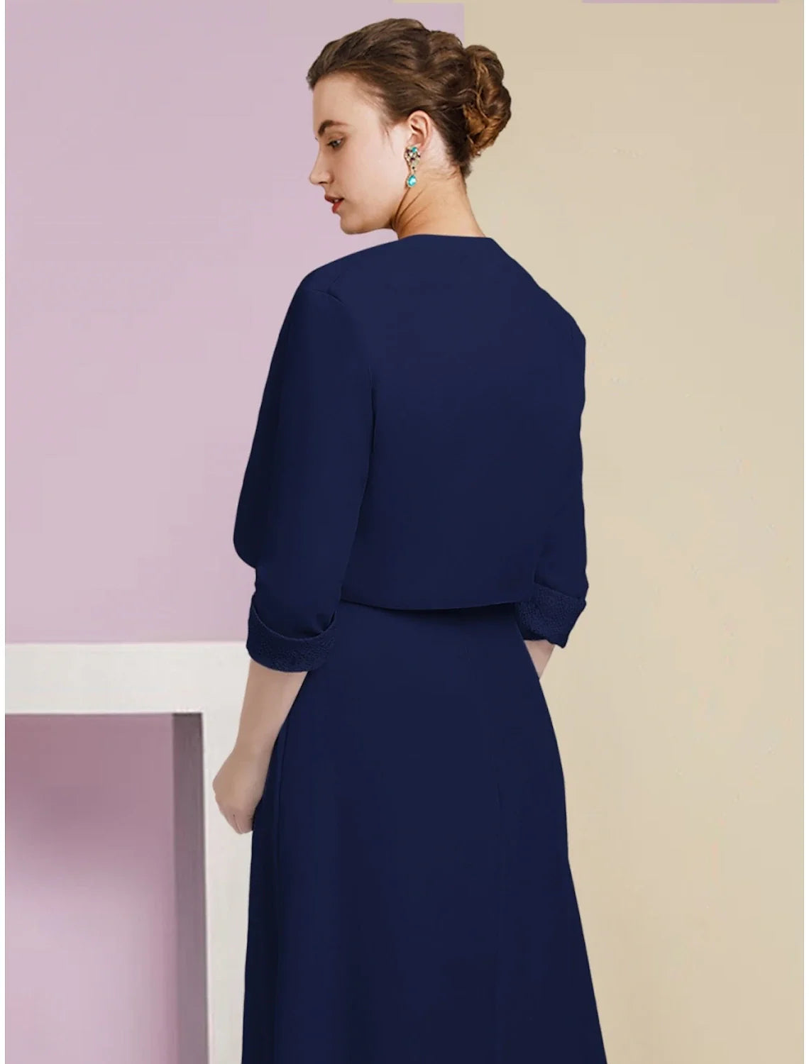 A-Line Mother of the Bride Dress Wedding Guest Elegant Scoop Neck Ankle Length Chiffon Half Sleeve with Crystals Ruching
