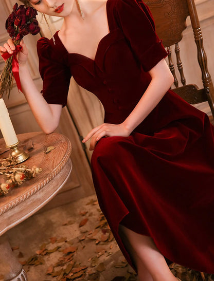A-Line Cocktail Dresses Elegant Dress Wedding Guest Homecoming Tea Length Half Sleeve Scoop Neck Velvet with Buttons