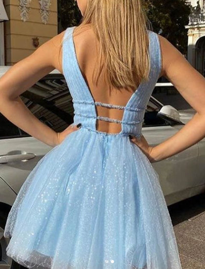 A-Line Sleeveless Sparkle&Shine Knee Length V Neck Tulle With Sequin Pure Color Homecoming Dresses