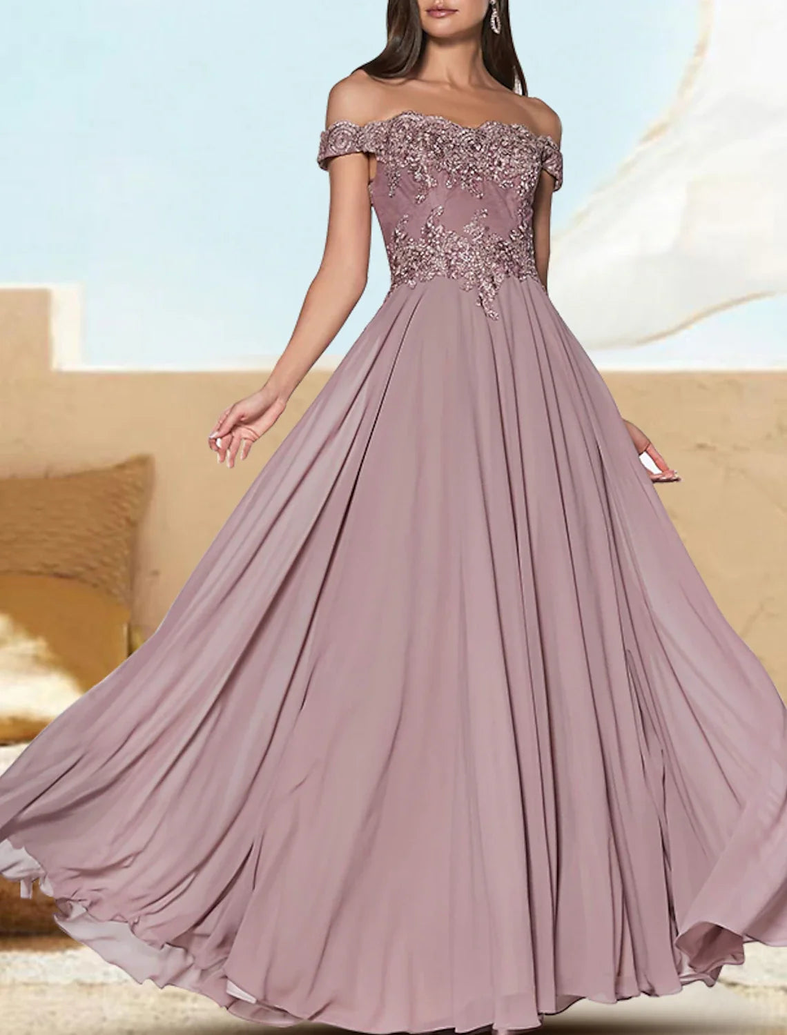 A-Line Evening Gown Luxurious Dress Formal Wedding Guest Floor Length Short Sleeve Off Shoulder Chiffon with Appliques Pure Color 2026
