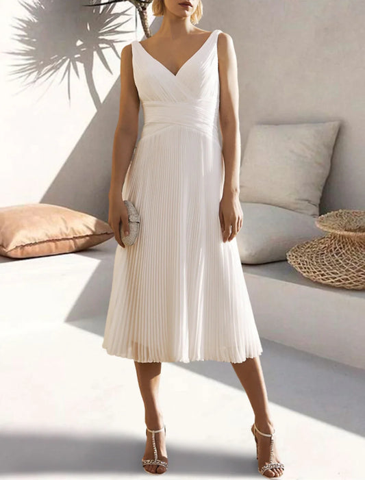 A-Line Cocktail Dresses Open Back Dress Formal Wedding Guest Tea Length Sleeveless V Neck Chiffon with Ruched Pure Color 2026