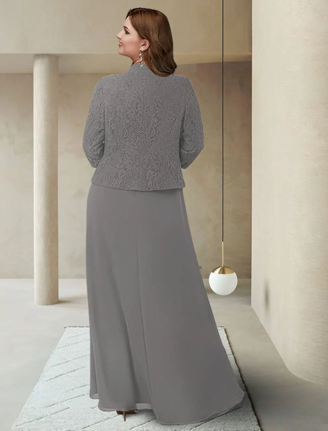 Two Piece Sheath / Column Mother of the Bride Dress Plus Size Elegant Jewel Neck Ankle Length Chiffon Lace 3/4 Length Sleeve Wrap Included with Appliques