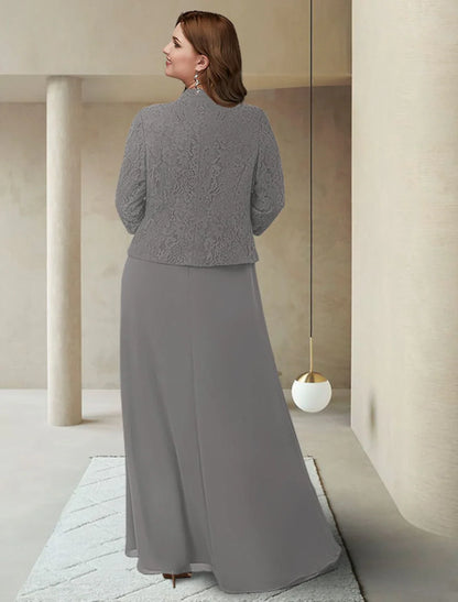 Two Piece Sheath / Column Mother of the Bride Dress Plus Size Elegant Jewel Neck Ankle Length Chiffon Lace 3/4 Length Sleeve Wrap Included with Appliques