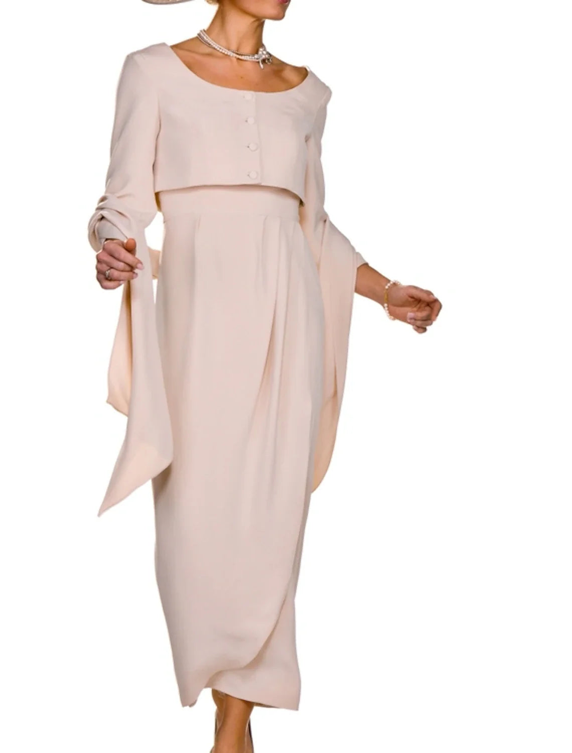 Two Piece Sheath / Column Mother of the Bride Dress Wedding Guest Elegant Square Neck Ankle Length Fabric Sleeveless Short Jacket Dresses with Buttons Pleats