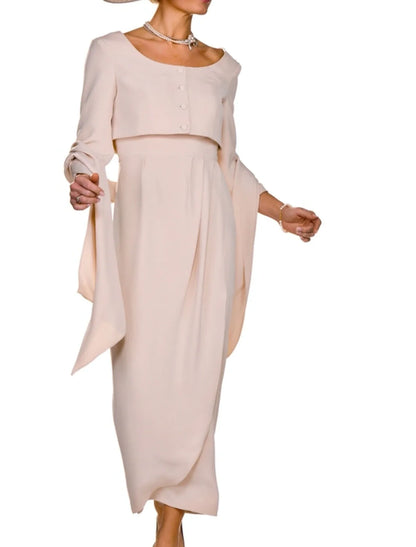 Two Piece Sheath / Column Mother of the Bride Dress Wedding Guest Elegant Square Neck Ankle Length Fabric Sleeveless Short Jacket Dresses with Buttons Pleats