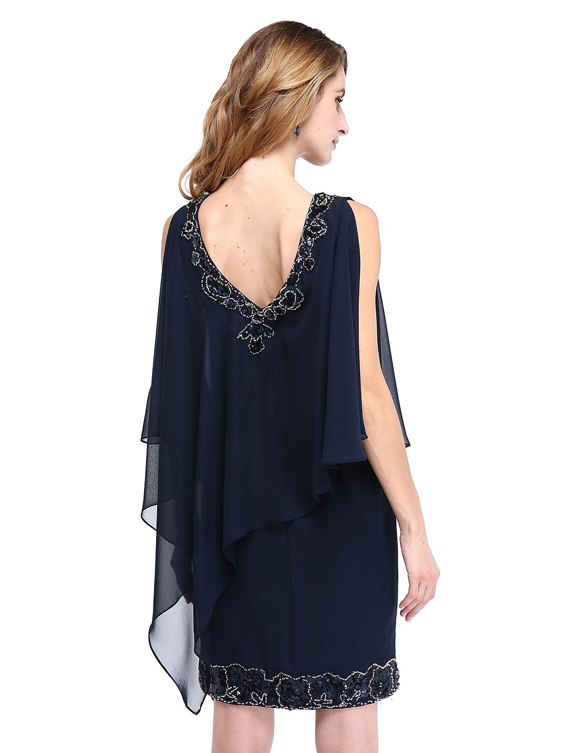 Sheath / Column Mother of the Bride Dress V Neck Knee Length Chiffon Sleeveless No with Beading Sequin