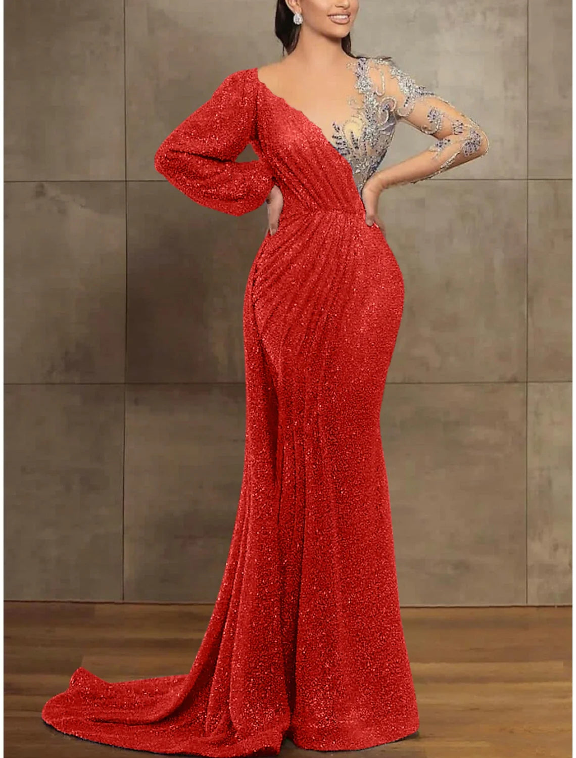 Sequin Mermaid / Trumpet Evening Gown Champagne Gold Elegant Dress Formal Christmas Red Green Dress Court Train Long Sleeve Illusion Neck Sequined with Pleats 2026