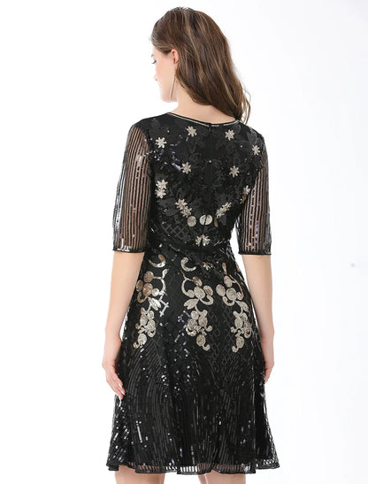 A-Line Cocktail Dresses Vintage Dress Holiday Party Wear Knee Length Half Sleeve Jewel Neck Cotton Blend with Sequin Splicing
