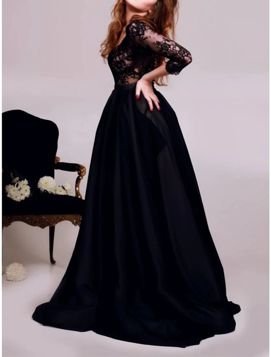 A-Line Evening Gown Party Dress Birthday Fall Floor Length 3/4 Length Sleeve V Neck Satin with Pleats 2026