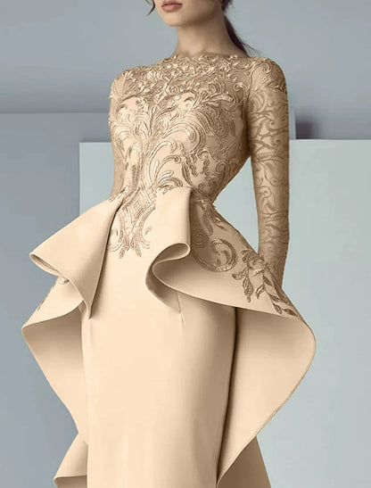 Sheath / Column Mother of the Bride Dress Formal Wedding Guest Elegant Party Scoop Neck Floor Length Lace Fabric Long Sleeve with Ruffles Appliques