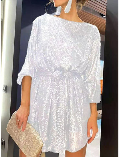 Women's Sequin Dress Party Dress Homecoming Dress Mini Dress Silver Black White Long Sleeve Pure Color Lace up Fall Winter Autumn Crew Neck Red Valentines Dress Winter Dress Valentine's Day Wedding