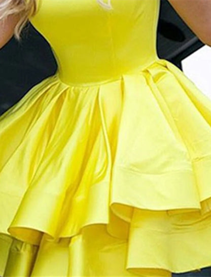 A-Line Minimalist Graduation Jewel Neck Sweet Sleeveless Satin with Ruffles Short/Mini Homecoming Dresses