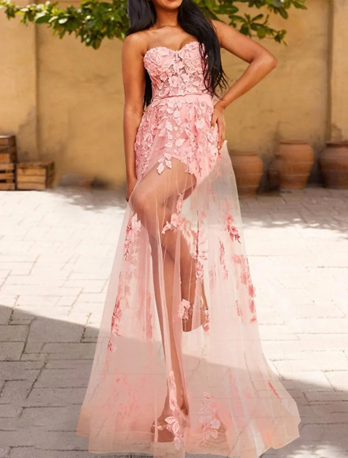 A-Line Prom Dresses Floral Dress Party Wear Wedding Party Floor Length Sleeveless Strapless Wednesday Addams Family Lace with Appliques