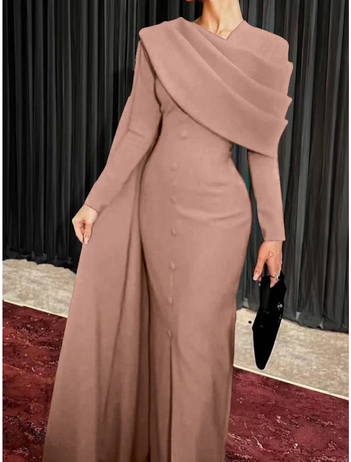 Sheath / Column Red Black Christmas Red Green Dress Evening Gown Elegant Cape Dress Formal Fall Sweep / Brush Train Long Sleeve Cowl Neck Fabric with Buttons Slit 2026