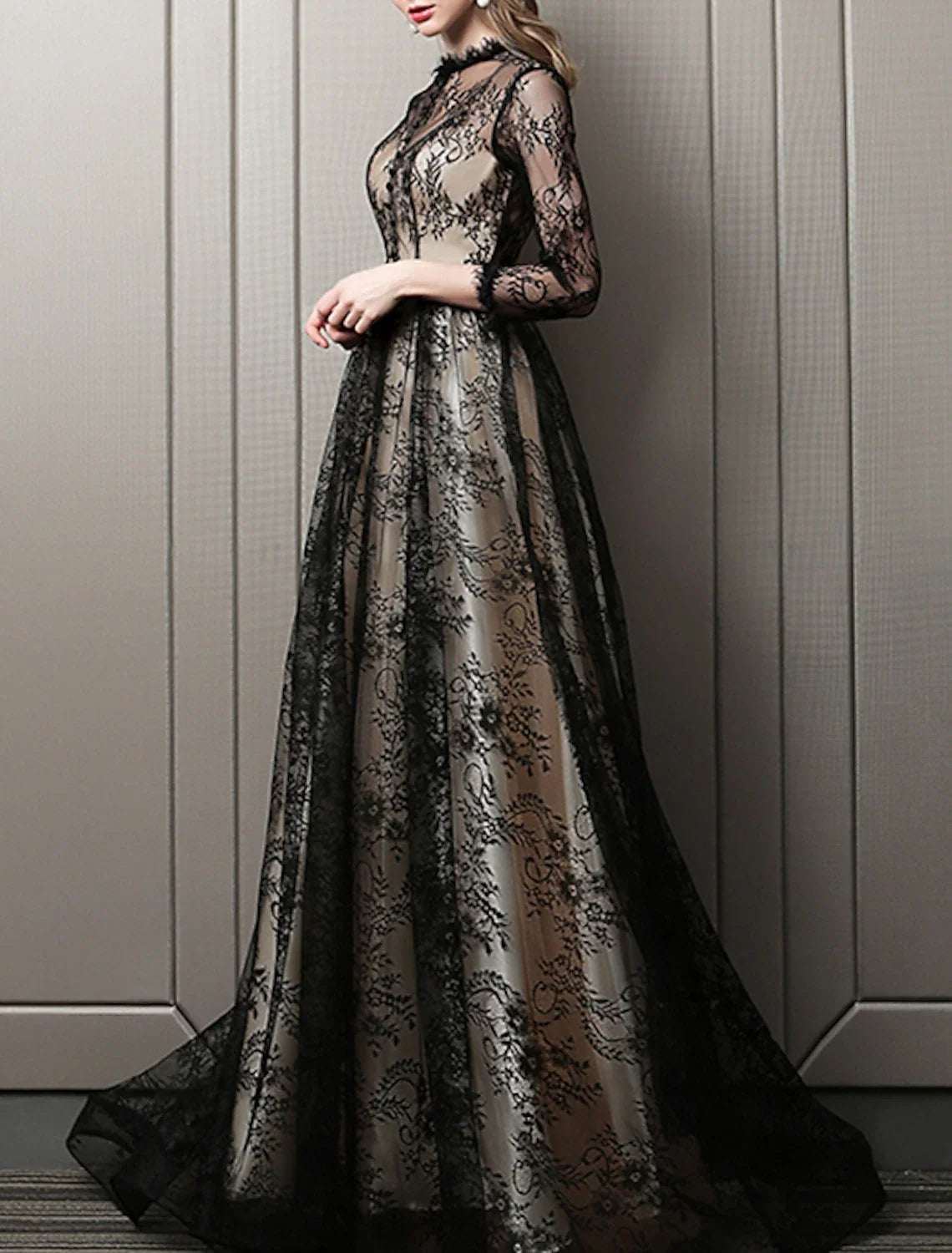 A-Line Evening Gown Cut Out Dress Wedding Guest Formal Evening Sweep / Brush Train 3/4 Length Sleeve Jewel Neck Lace with Pattern / Print 2026