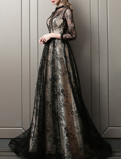 A-Line Evening Gown Cut Out Dress Wedding Guest Formal Evening Sweep / Brush Train 3/4 Length Sleeve Jewel Neck Lace with Pattern / Print 2026