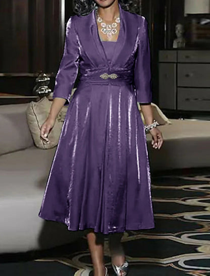 A-Line Mother of the Bride Dress Wedding Guest Elegant Vintage Plus Size Square Neck Tea Length Polyester 3/4 Length Sleeve Jacket Dresses with Ruching