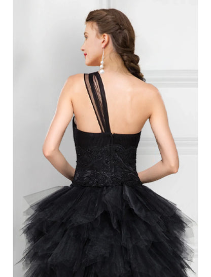 Ball Gown Prom Black Dress Tiered Plisse Dress Masquerade Prom Asymmetrical Sleeveless One Shoulder Tulle Ladder Back with Pure Color
