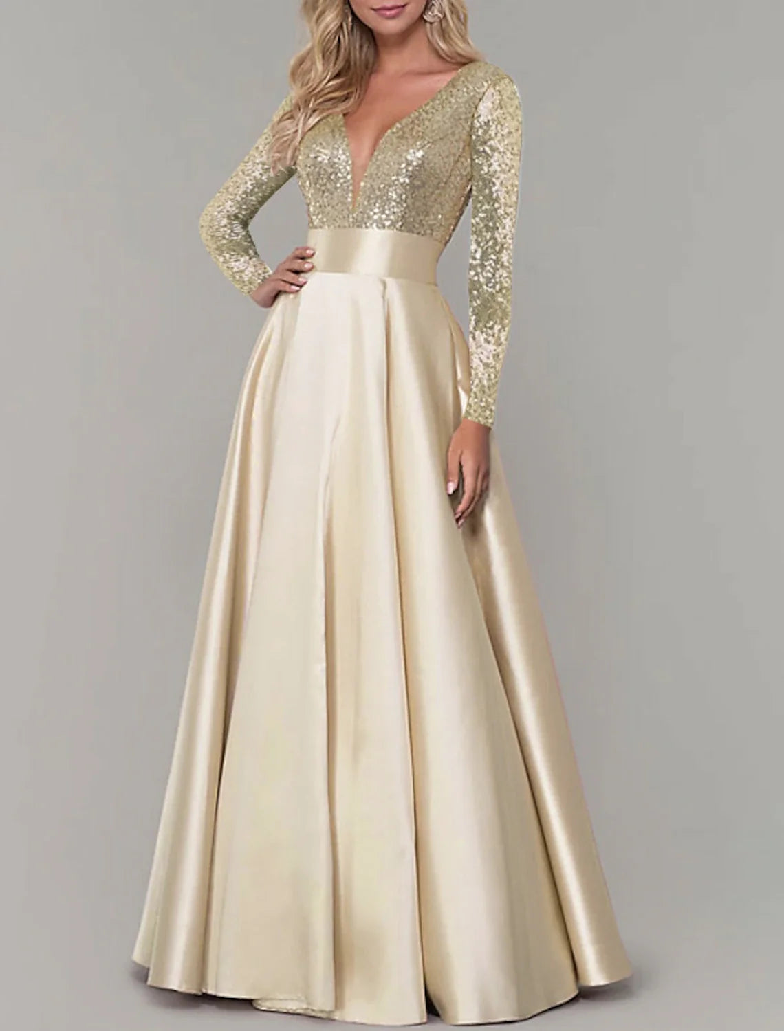 A-Line Evening Gown Sparkle & Shine Dress Prom Birthday Floor Length Long Sleeve V Neck Fall Wedding Guest Satin with Pleats Sequin 2026