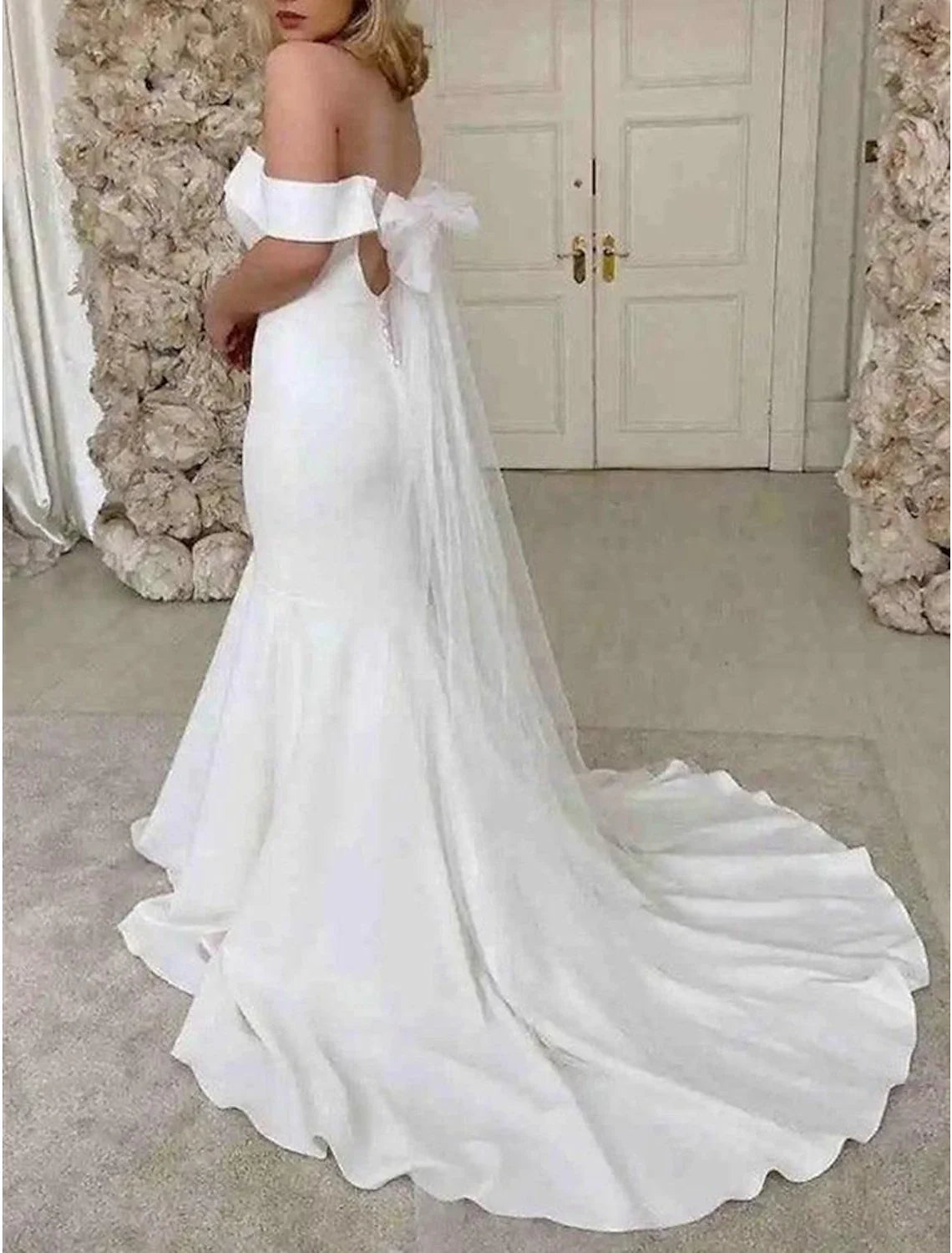 Reception Sexy Wedding Dresses Mermaid / Trumpet Off Shoulder Cap Sleeve Sweep / Brush Train Fabric Bridal Gowns With Solid Color